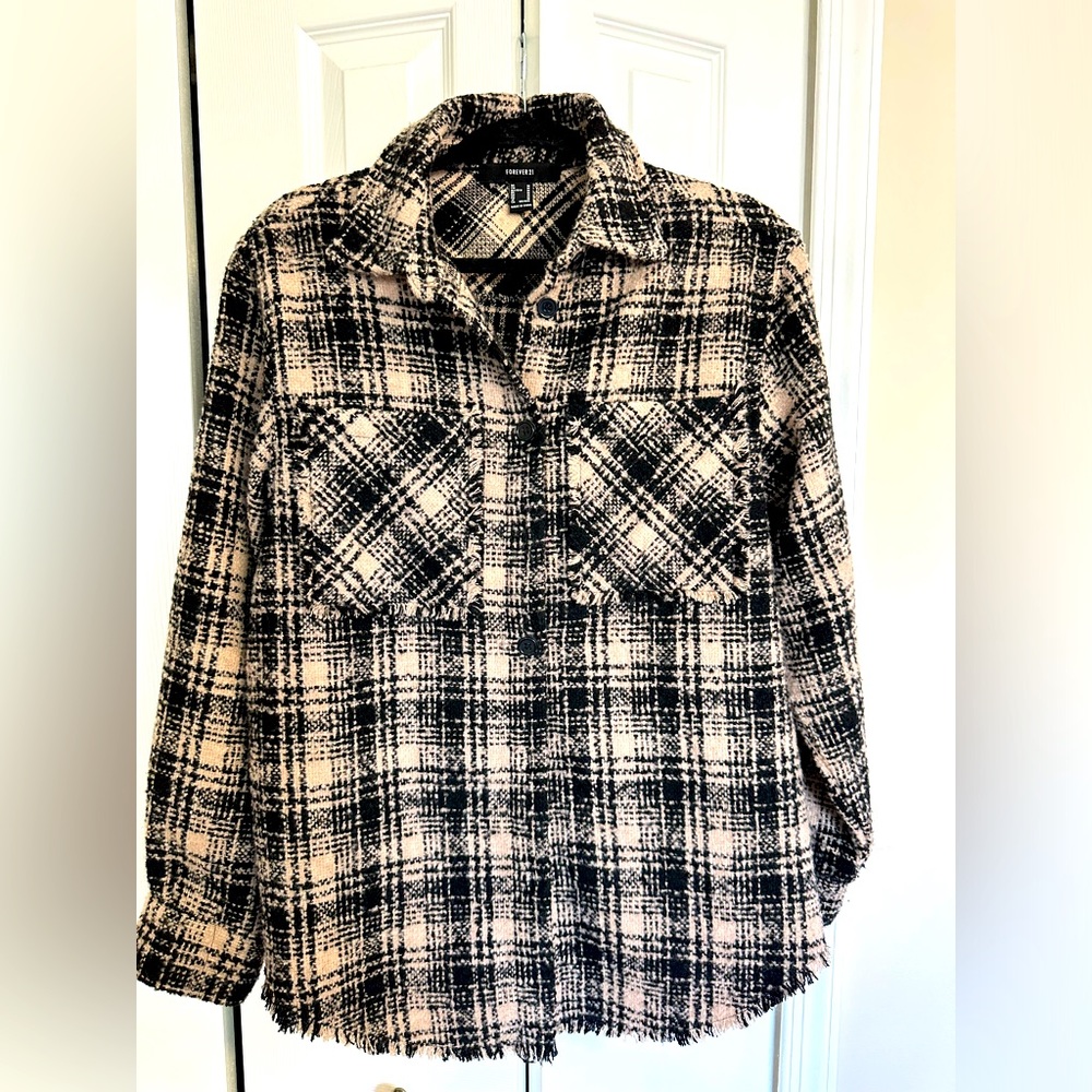 Plaid Shacket with frayed trim